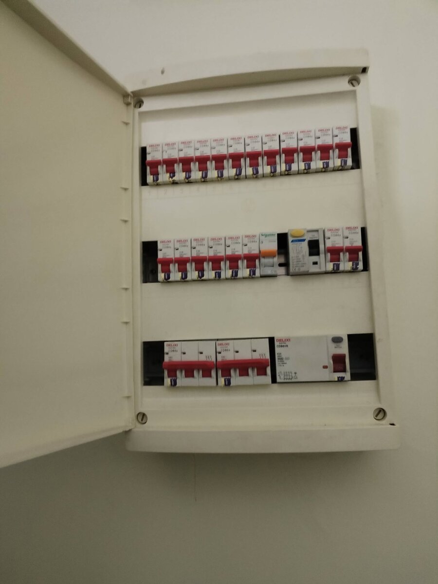 Open white distribution board with rows of red-toggle Delixi breakers, one Schneider breaker, a 2-pole earth-leakage unit with a yellow test button and a 4-pole Delixi earth-leakage unit