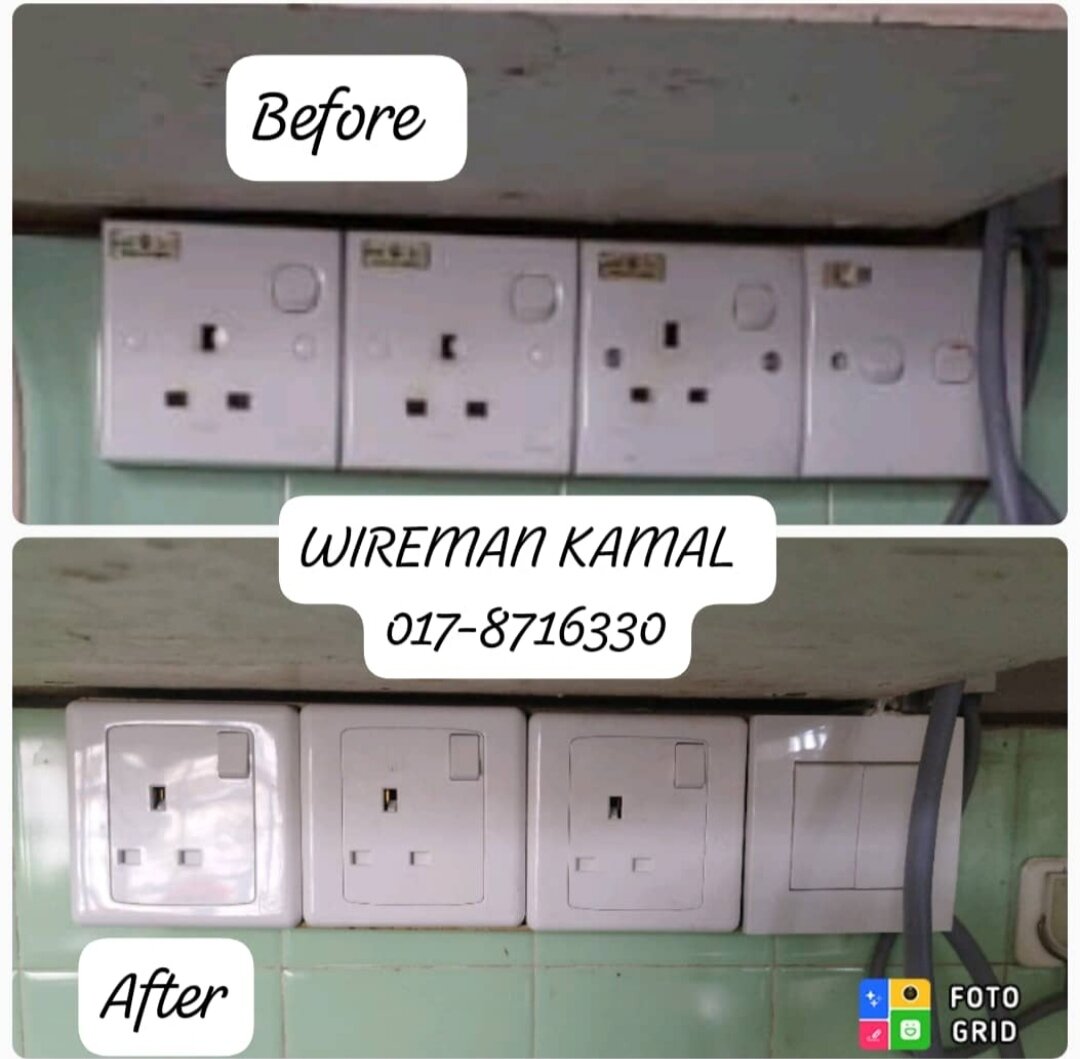 Before and after photos of three switched sockets and a two-gang light switch under a shelf on a green-tiled wall, the grimy old plates replaced by new white ones, with a caption reading Wireman Kamal 017-8716330