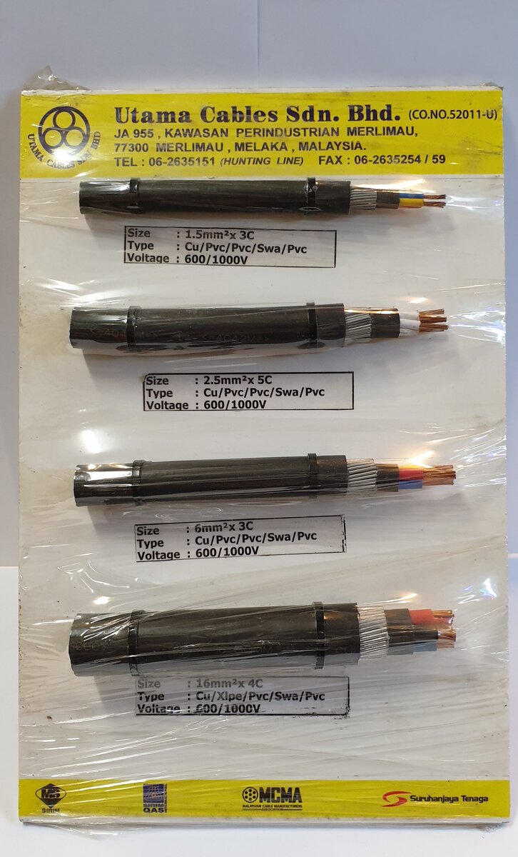 Display board with four cut sections of black armoured cable, each labelled with size, construction and 600/1000 V rating, under a yellow Utama Cables header
