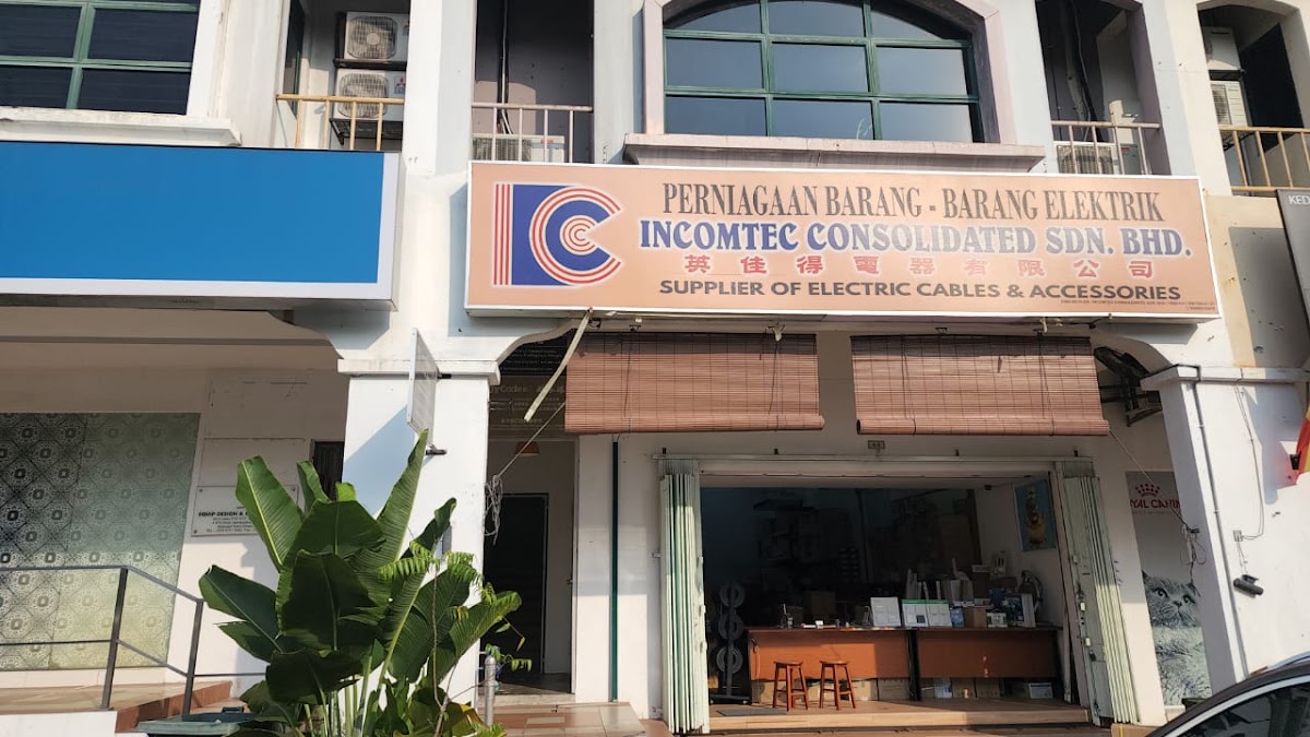 Shoplot with a signboard reading Perniagaan Barang-Barang Elektrik Incomtec Consolidated Sdn Bhd, supplier of electric cables and accessories