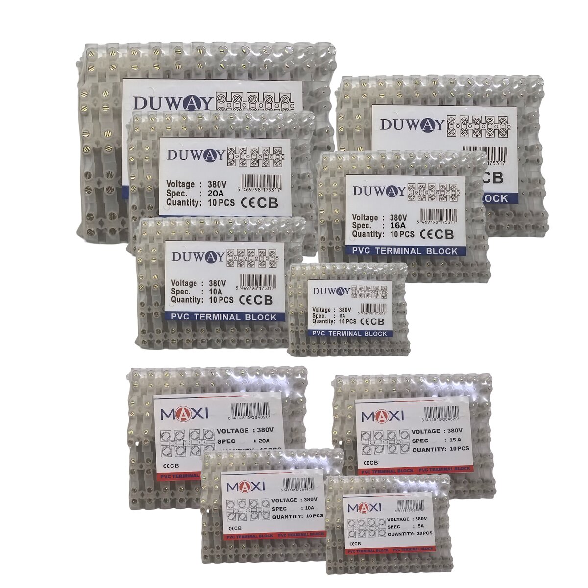 Packs of clear PVC terminal block strips with DUWAY and MAXI labels showing 380V and current ratings
