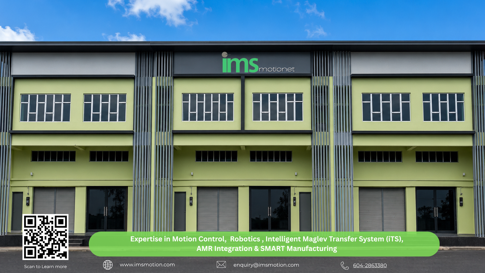 Light-green two-storey building housing IMS Motionet Sdn Bhd in Hijauan Hills, Simpang Ampat, with the company's "ims motionet" sign above a banner describing its automation focus areas.