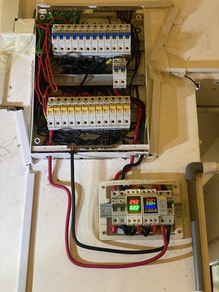 Open distribution board with two rows of miniature circuit breakers and loose red, black and green cables above a small panel with two digital meters