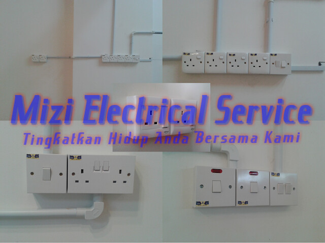 Collage of white wall switches and three-pin sockets mounted on walls with white PVC surface conduit, overlaid with the words Mizi Electrical Service