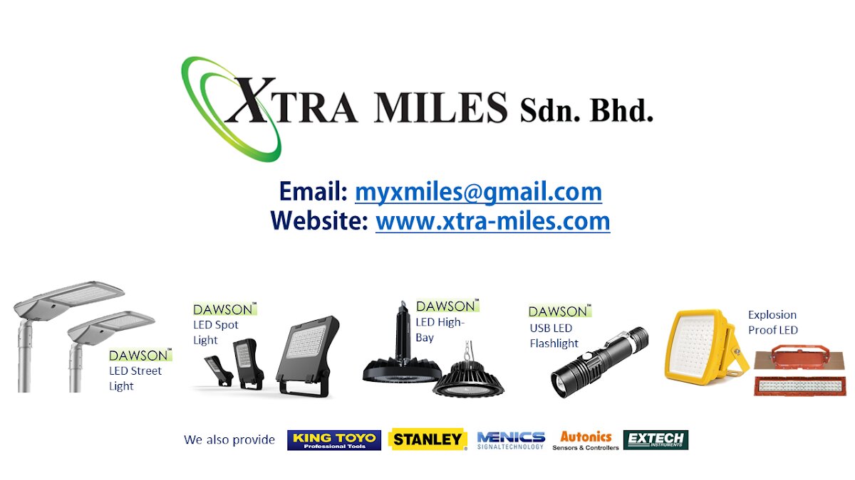 Product flyer with the Xtra Miles Sdn Bhd logo, email and website, pictures of DAWSON LED lights and logos of King Toyo, Stanley, Menics, Autonics and Extech