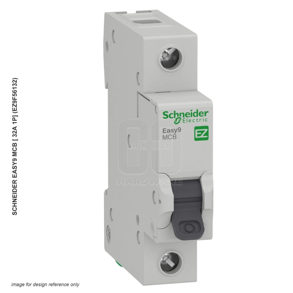 Rendered product image of a grey single-pole Schneider Easy9 MCB with a dark toggle, captioned Easy9 MCB 32A 1P EZ9F56132