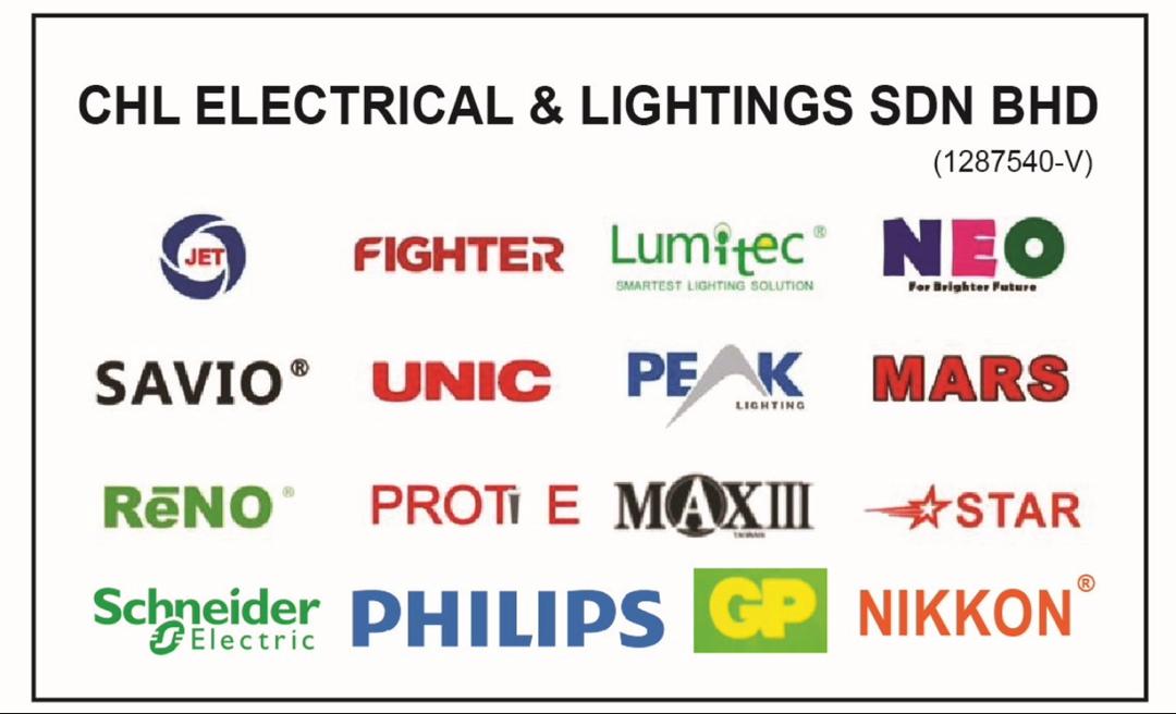 Graphic headed CHL Electrical & Lightings Sdn Bhd (1287540-V) with sixteen brand logos in four rows