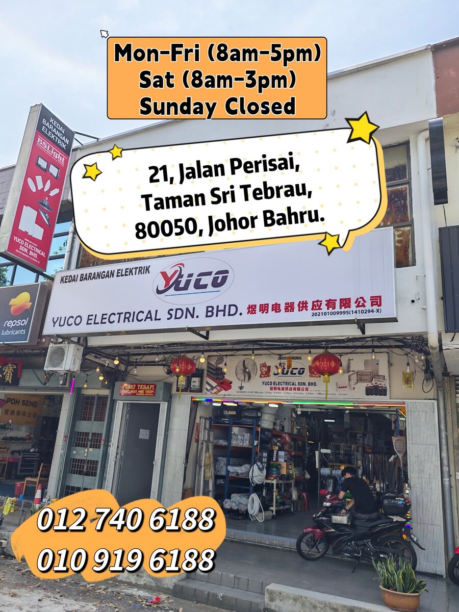 Shoplot with a Yuco Electrical Sdn Bhd signboard, an open shopfront stacked with conduit and cable, and overlaid text giving hours, the Jalan Perisai address and two phone numbers