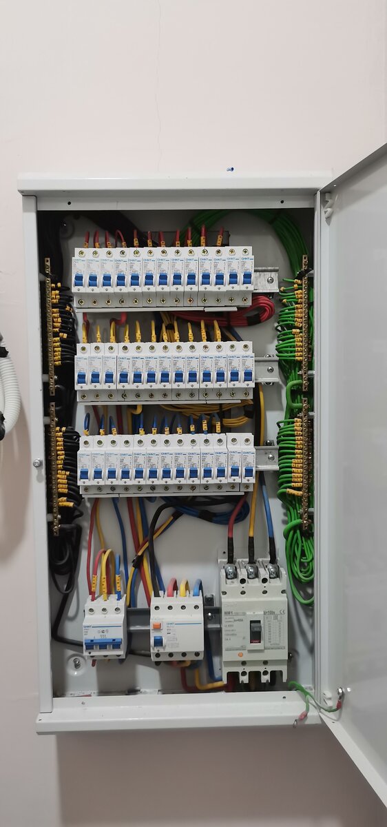 Open grey three-phase distribution board with three rows of white CHINT miniature circuit breakers, numbered cable markers and earth and neutral bars down both sides