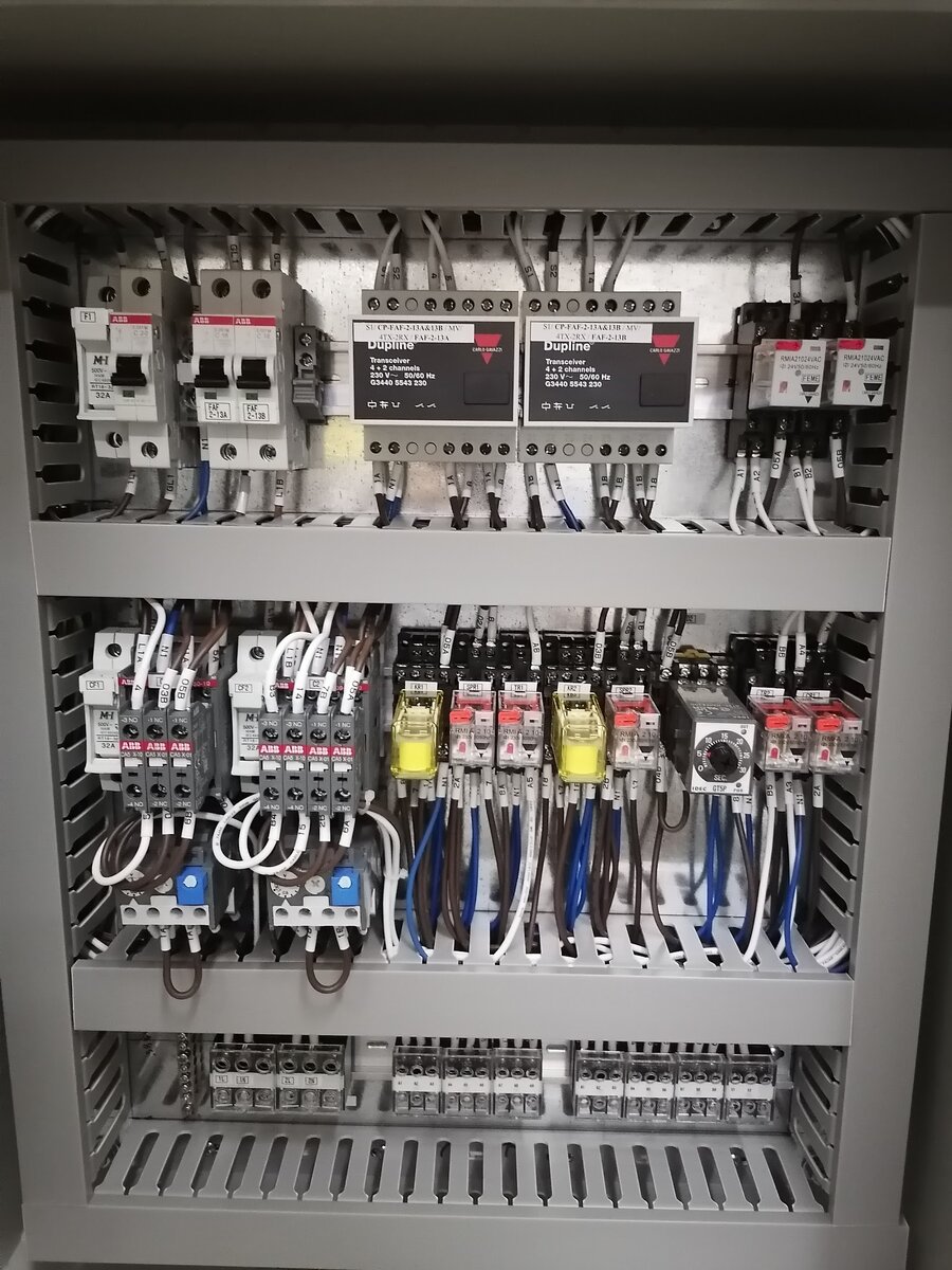 Open grey control-panel enclosure with a top row of miniature breakers and two Dupline transceiver modules, a middle row of contactors and relays, and terminal blocks below