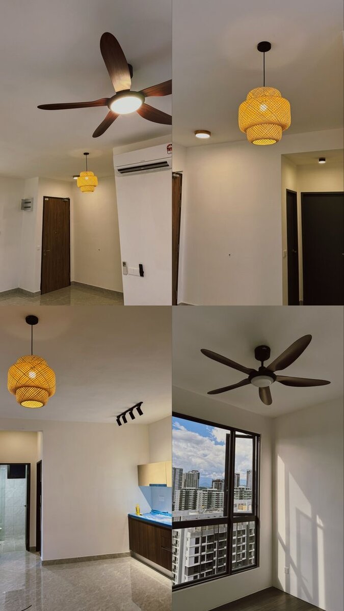 Four-photo collage of an empty condominium unit with dark five-blade ceiling fans, woven rattan pendant lights and a short track light