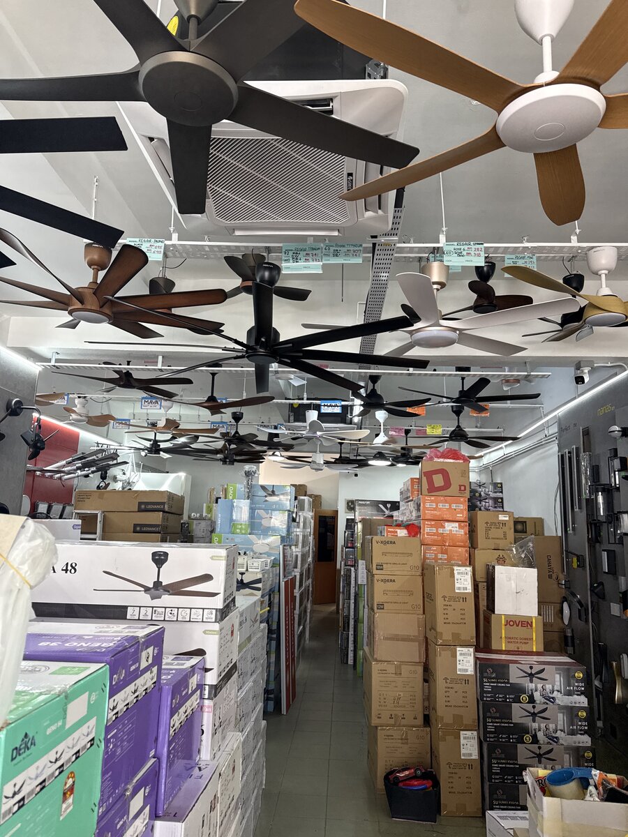 Long showroom with dozens of ceiling fans hanging from the ceiling, pale green price cards, and aisles of stacked fan and appliance boxes