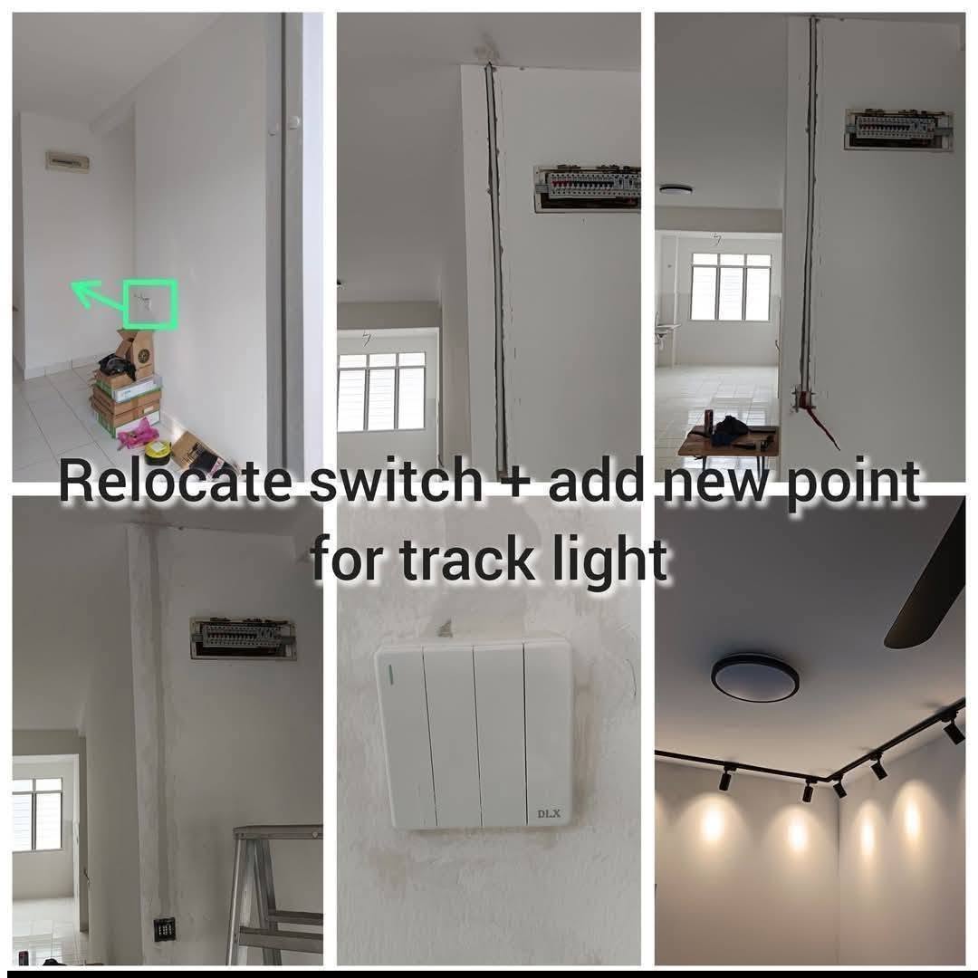 Six-photo collage: an empty room with the old switch position marked, a vertical chase cut in a white wall next to a recessed DB, the patched wall, a four-gang white switch marked DLX, and a ceiling with a round ceiling light and black track spotlights; overlaid text Relocate switch + add new point for track light