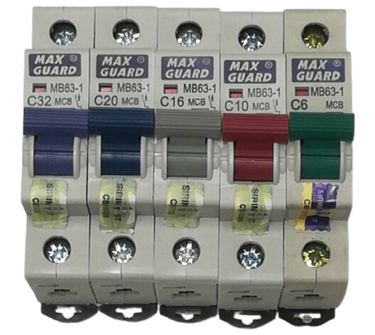 Five grey Maxguard MB63-1 circuit breakers side by side with blue, grey, red and green toggles labelled C32, C20, C16, C10 and C6