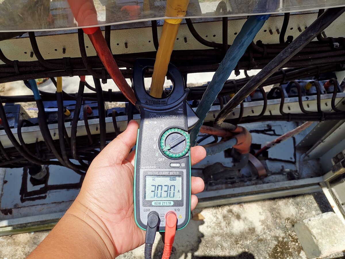 Hand holding a Kyoritsu clamp meter around a yellow cable among red, yellow and blue power cables in an open panel