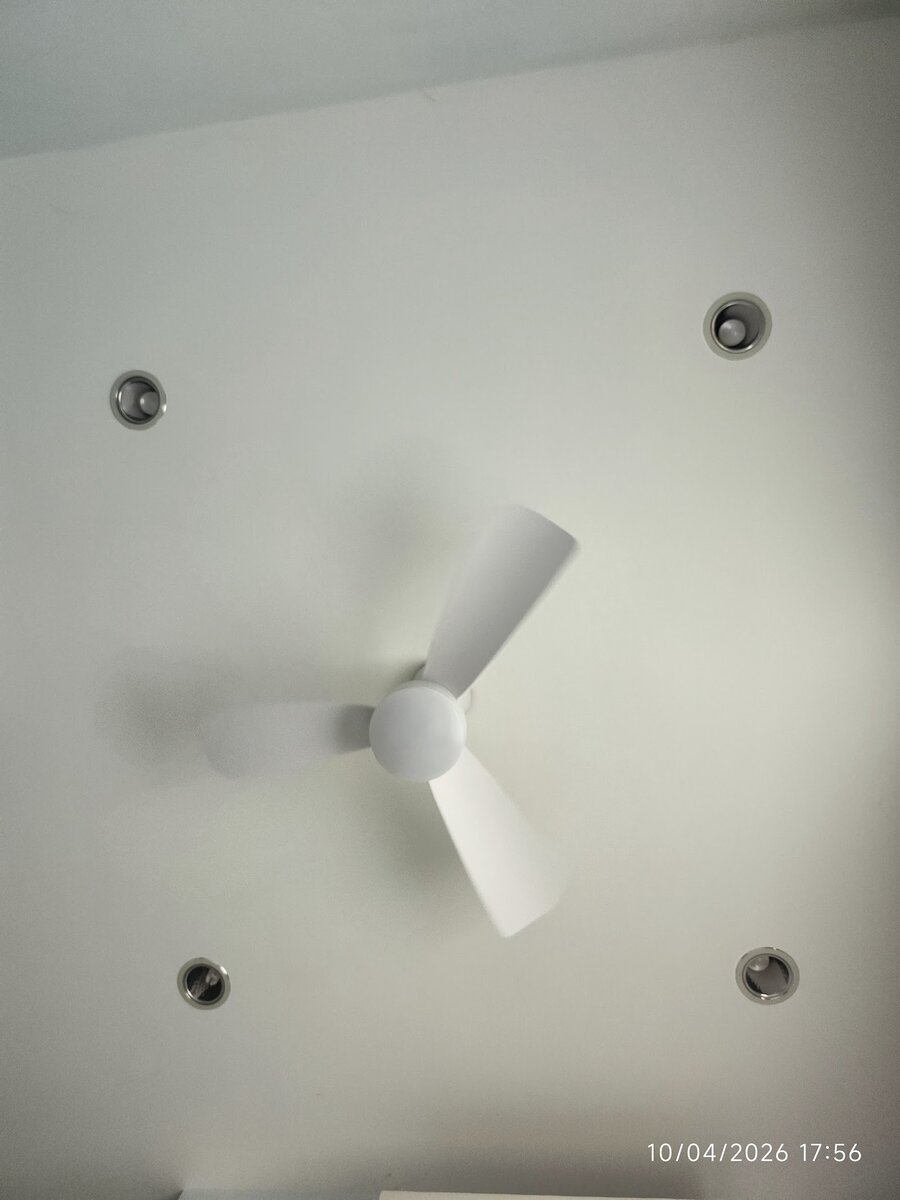 White ceiling with a white three-blade ceiling fan in the centre and four round downlights around it