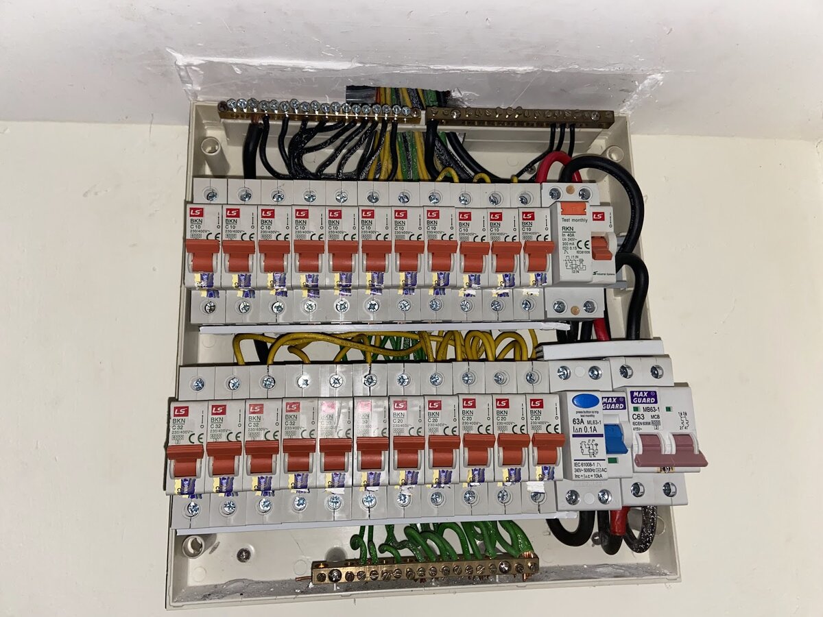 Open distribution board in a house with two rows of red-handled LS miniature circuit breakers, a Maxguard residual current circuit breaker and double-pole main breaker, and neutral and earth terminal bars at top and bottom