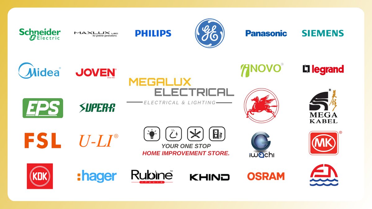 Board of brand logos including Schneider Electric, Philips, Panasonic, Siemens, Legrand, Hager, Mega Kabel and Osram around a MegaLux Electrical logo