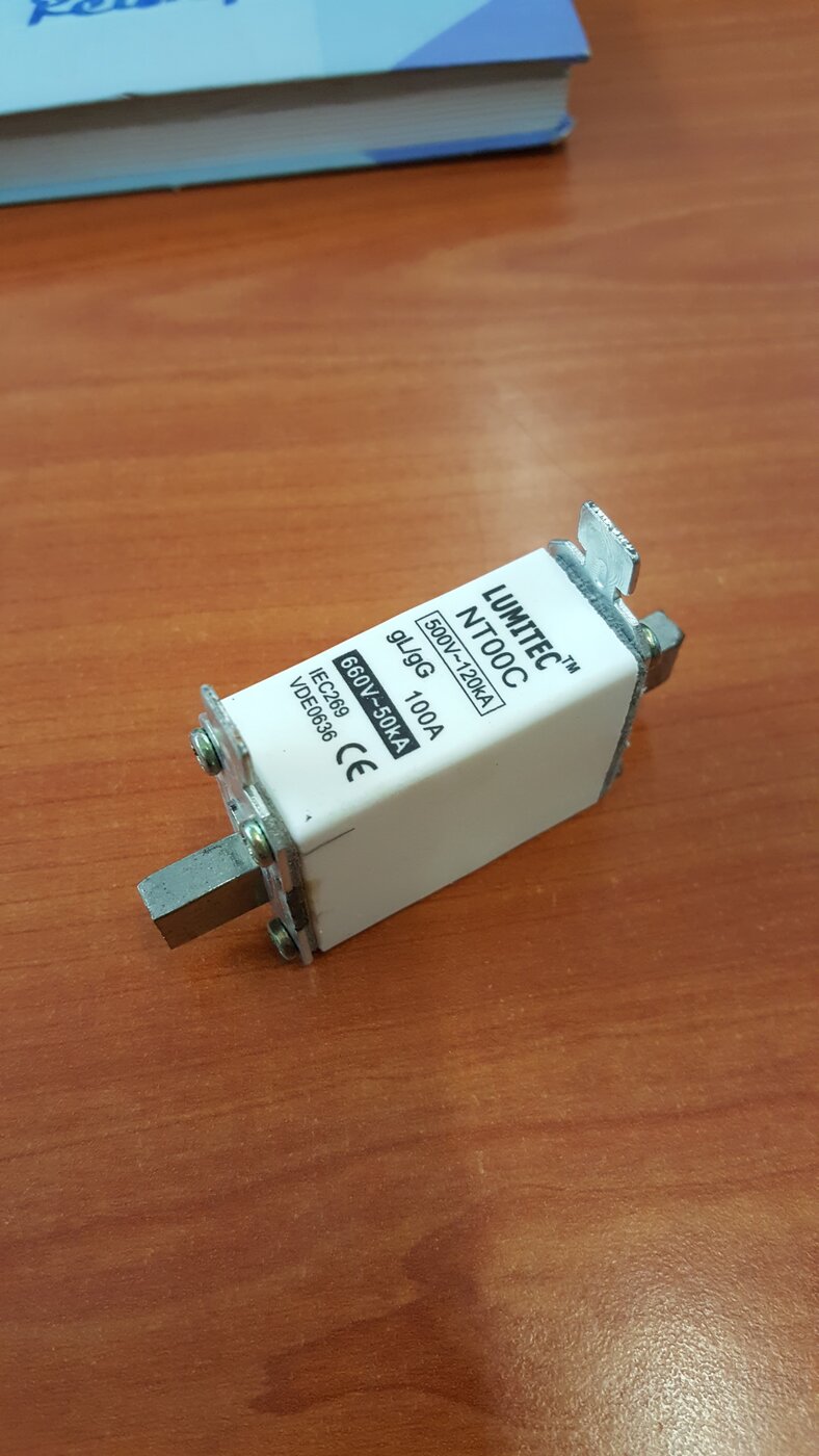 White blade-type fuse link labelled Lumitec NT00C 100A on a wooden desk