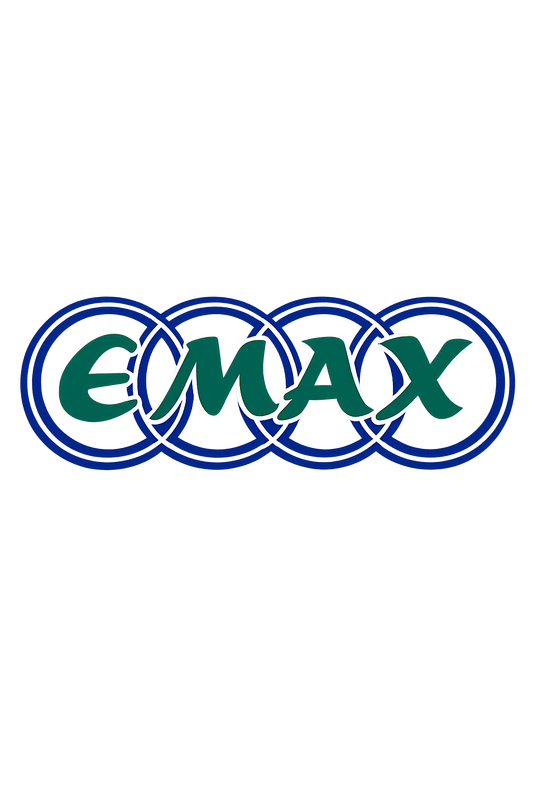 EMAX Power logo: the word EMAX in green script inside overlapping blue double-ring circles.