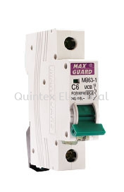 Single-module Maxguard MB63-1 miniature circuit breaker with purple Maxguard logo, C6 marking and green toggle, as pictured on Quintex's 1P listing.