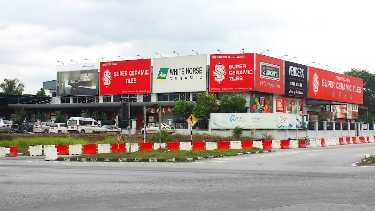 Long roadside showroom with red Super Ceramic Tiles billboards and a White Horse Ceramic sign
